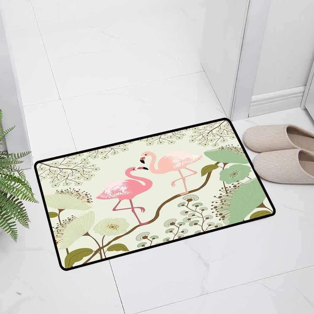 Peacock Indoor Outdoor Entrance Door Mat All Weather Door Mats Blossoming Floral Background with Pair of Flamingos on Tree Branch Durable, 29.5 x 18 inch Green Pink