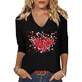 Woffccrd Womens 3/4 Sleeve V Neck T-Shirts Valentina's Day Spring Shirts Love Heart Printed Graphic Tees