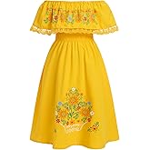 Kids Girls Mexican Dress Off-Shoulder Sunflower Print Drape Traditional Ethnic Wear Birthday Dresses