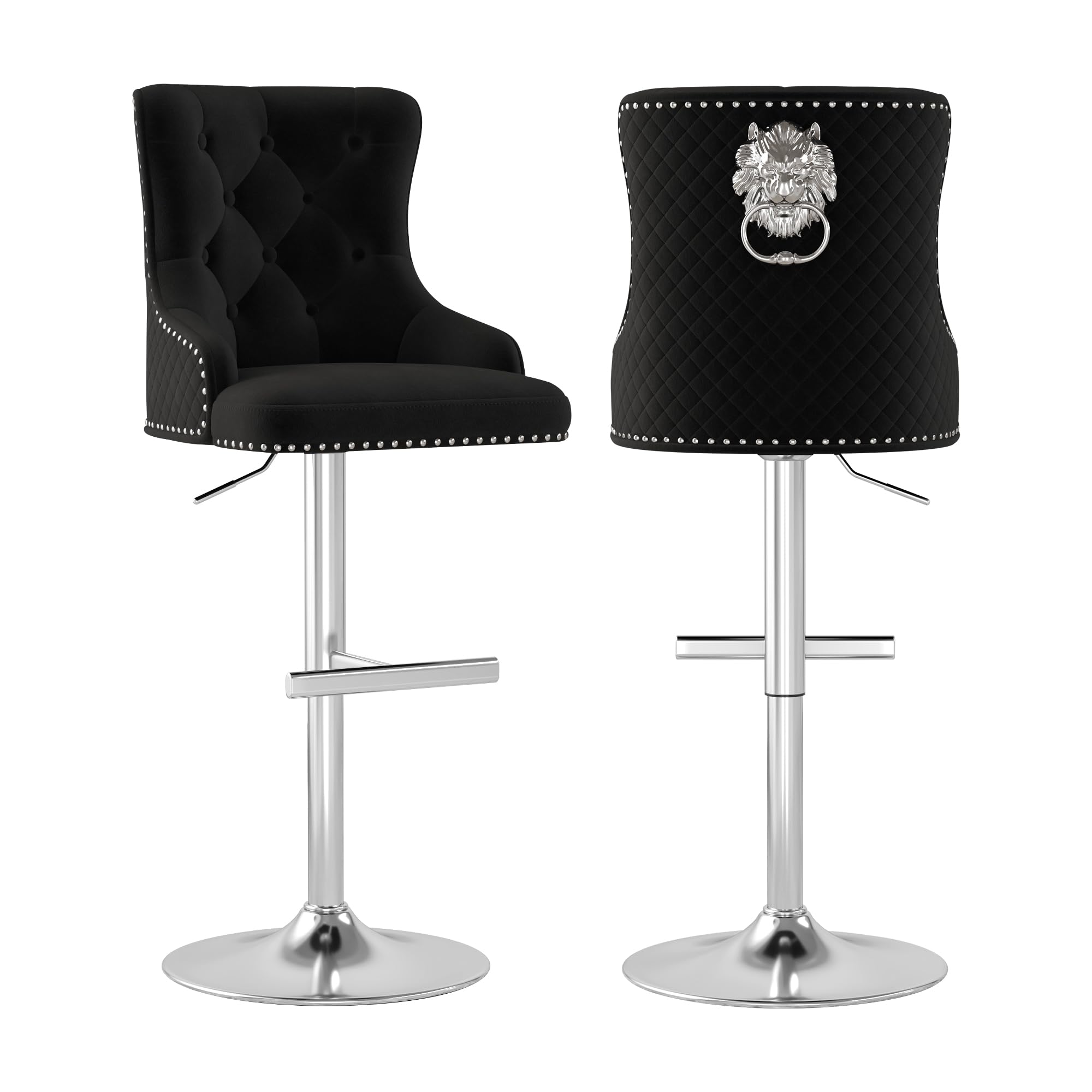 Velvet Bar Stool Set of 2, Back Lion Ring with Rhomboid Pattern for Kitchen