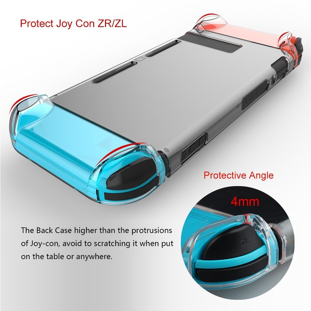 Vorida Case Compatible for Nintendo Switch, Crystal Case Hard Back Clear Cover Anti-Scratch & Shock-Absorption 9H Tempered Glass Screen Protector + Joy Con Grip Caps (Grey)