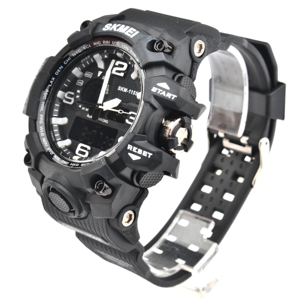 Oumosi - Orologio da polso da uomo, stile militare, con LED, digitale e analogico multifunzione, sportivo Black