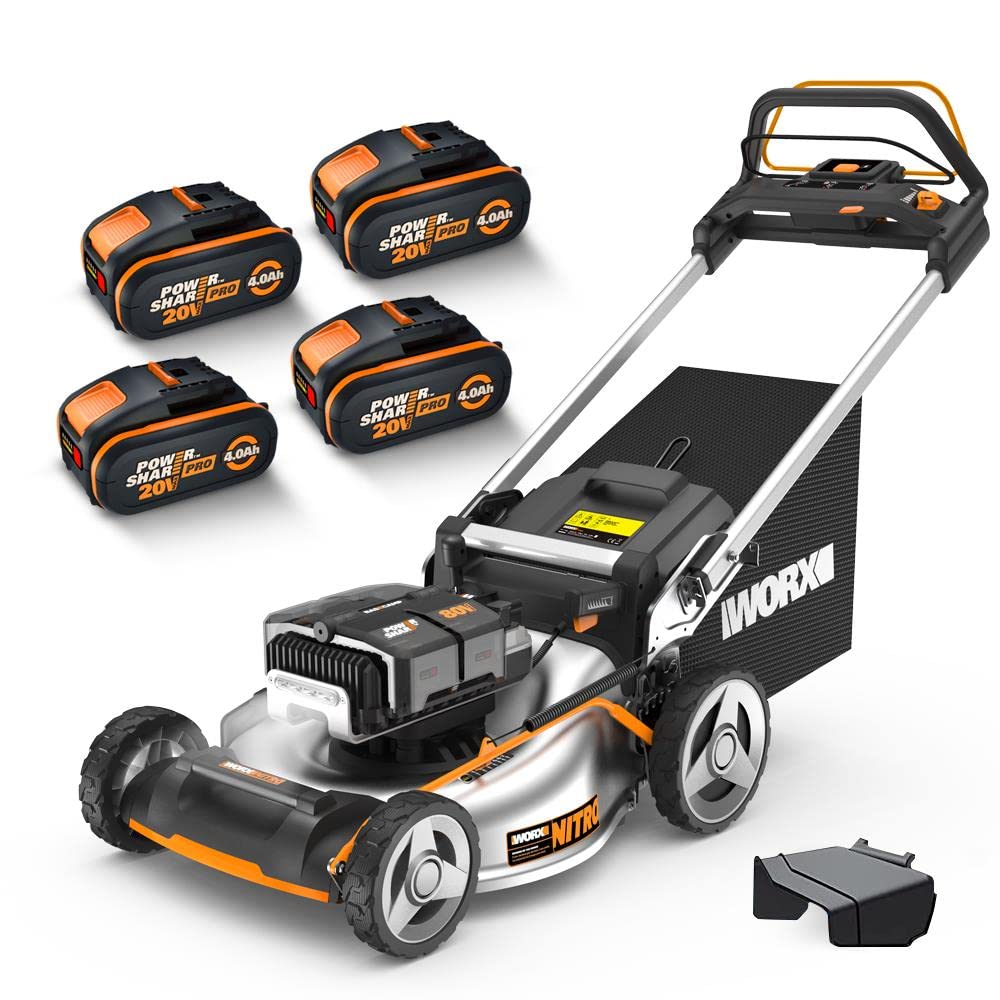WORX WG761E Nitro Profi Akku Rasenmäher 80V (4x20V) - Kraftvoller Bürstenloser Motor - Radantrieb - 51cm Schnittbreite, 7 Schnitthöhen - Einhand-Schnitthöhenverstellung - mit 4x4Ah Akkus & Powerbank
