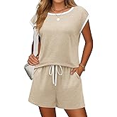 Ekouaer Womens Pajamas Set 2 Piece Short Sleeves PJs O Neck Tops and Drawstring Waist Shorts Soft Lounge Set