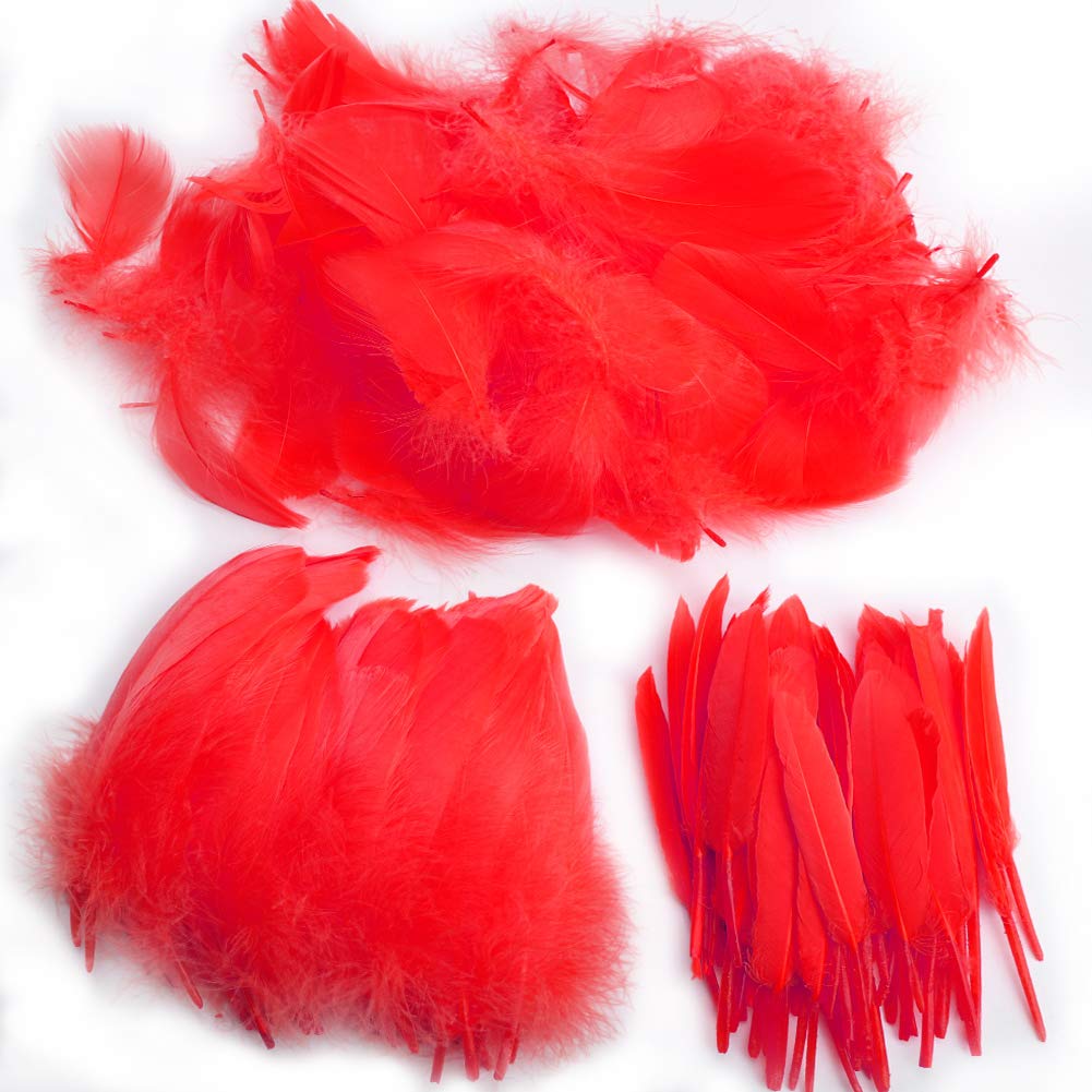 250 Coloured Feathers for DIY Dream Catchers, Wedding/Party Decorations (3 Sizes) (Red)
