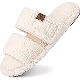 FamilyFairy Open Toe Slippers for Women Adjustable Memory Foam House Shoes Faux Fur Fuzzy Slide Sandals Non Slip Washable