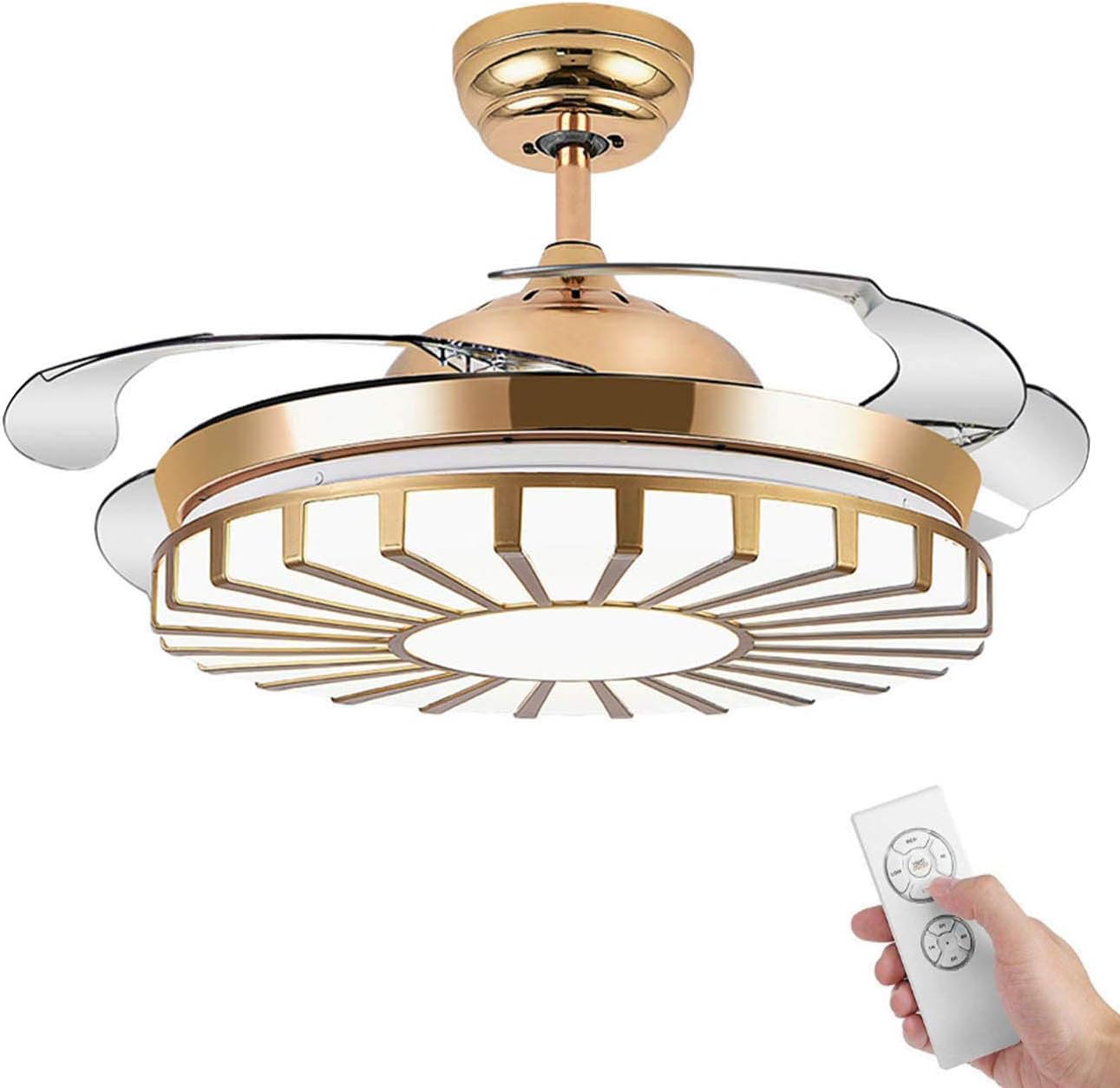 42 Inch Modern Ceiling Fan with Light with Remote Control LED Chandelier Indoor Ceiling Fan with Retractable Blades Fan Chandelier Fixture for Living Room Bedroom Restaurant Cafe (Golden)