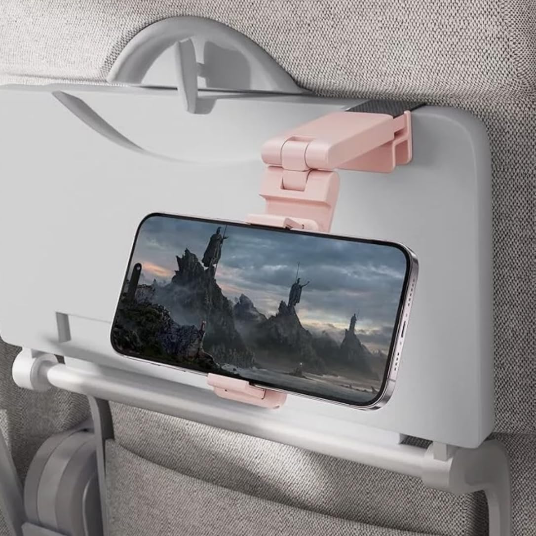 Orco Universal Airplane Phone Holder Mount - 360° Rotating Travel Essential for Flying, Desk & Kitchen - Adjustable Folding Cell Phone Stand for iPhone 15 14 13, Samsung & Android Devices - Pink