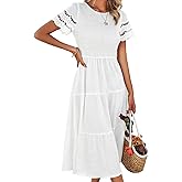 Sumleno 2026 Women’s Summer Midi Dresses Short Sleeve Smocked Tiered Dress Vacation Beach Wedding Guest Elegant Boho Sundress