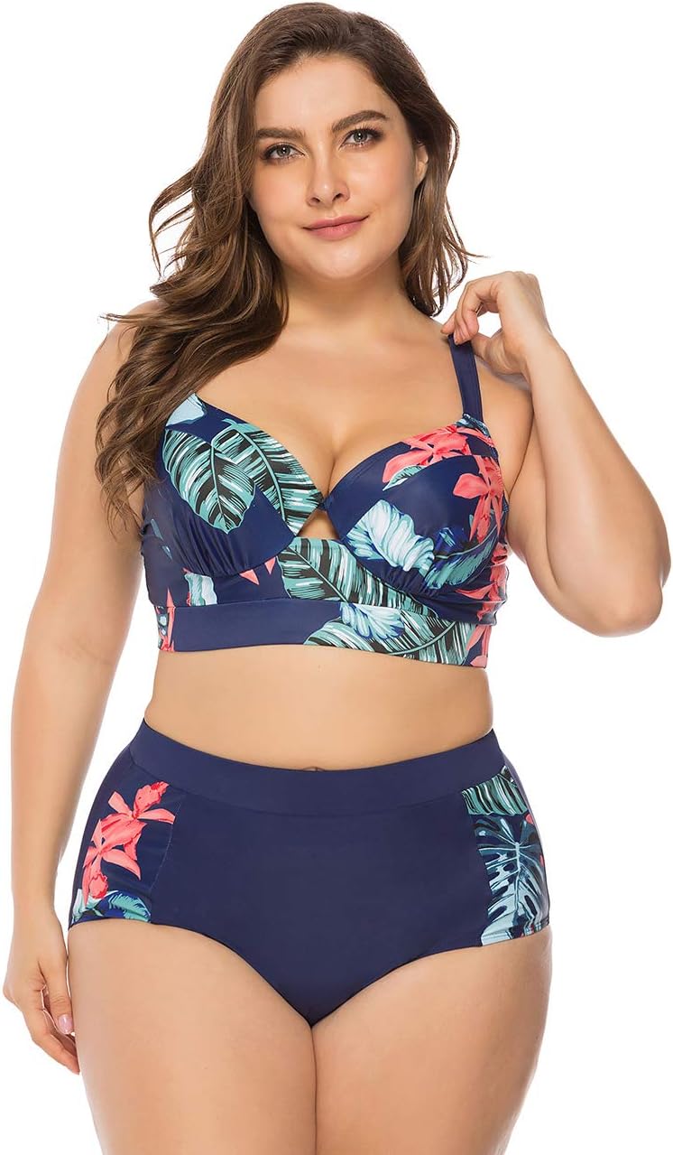 Women's Plus Size Ruffles Push up Bikini Set Floral High Waisted Swimsuit (UK 22-24 4XL, Blue-75)