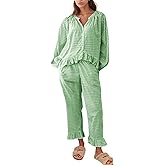 Flygo Womens Plaid Pajamas Sets 2 Piece Cotton Pj Set Puff Sleeve Ruffle Babydoll Shirt Gingham Pants Lounge Sets