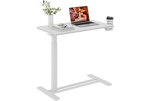 FitStand Medical Overbed Adjustable Bedside Table with Hidden Casters, Pneumatic Mobile Rolling Laptop Standing Desk with Tray for Home and Hospital Use, White Table Top + White Edging