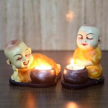 JaipurCrafts Set of 2 Cute Child Monk Showpiece/Tealight Holder - 13.00 cm (Polyresin, Yellow, Black)- for Home Decor| Office Decor| Valentines Day Gifts