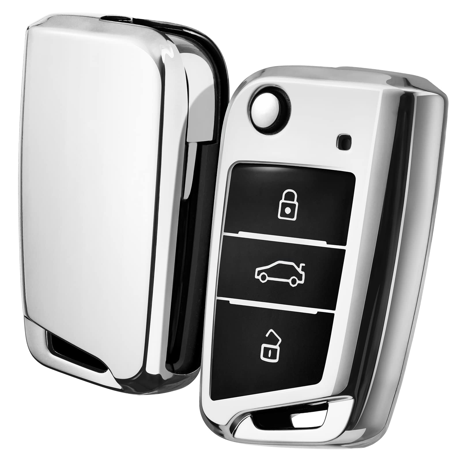 OATSBASF Car Key Cover Compatible with VW,Car Key Case for VW Golf 7 Polo Skoda Seat TPU Silicone 3 Buttons Box (Silver)