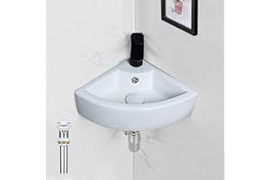 bathivy 17" x 13" Wall Mount Corner Bathroom Sink with Pop-up Drain, Small Corner Sink for Tiny Bathrooms, White Porcelain Ceramic Above Counter Mini Vanity Vessel Sink, Wall Hung Floating Wash Basin