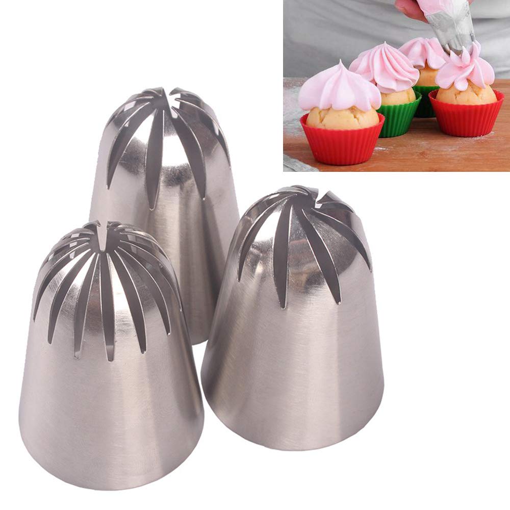 BLUGUL 3pcs Large Flower Icing Nozzle, Large Drop Flower Piping Tip, Large Rose Piping Nozzle, Closed Star Tip