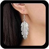 Aneneiceera Vintage Filigree Leaf Drop Earrings Silver Hammered Feather Earrings Metal Leaf Dangle Hook Earrings Textured Leaf Earrings Jewelry for Women