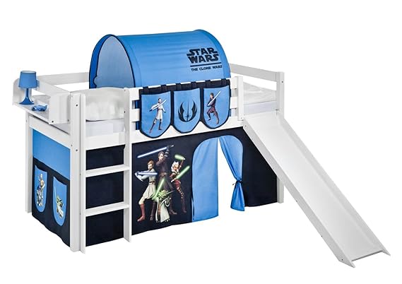 Lilokids Spielbett Jelle Star The Clone Wars, Hochbett mit Rutsche und Vorhang Kinderbett, Holz, weiß, 208 x 98 x 113 cm