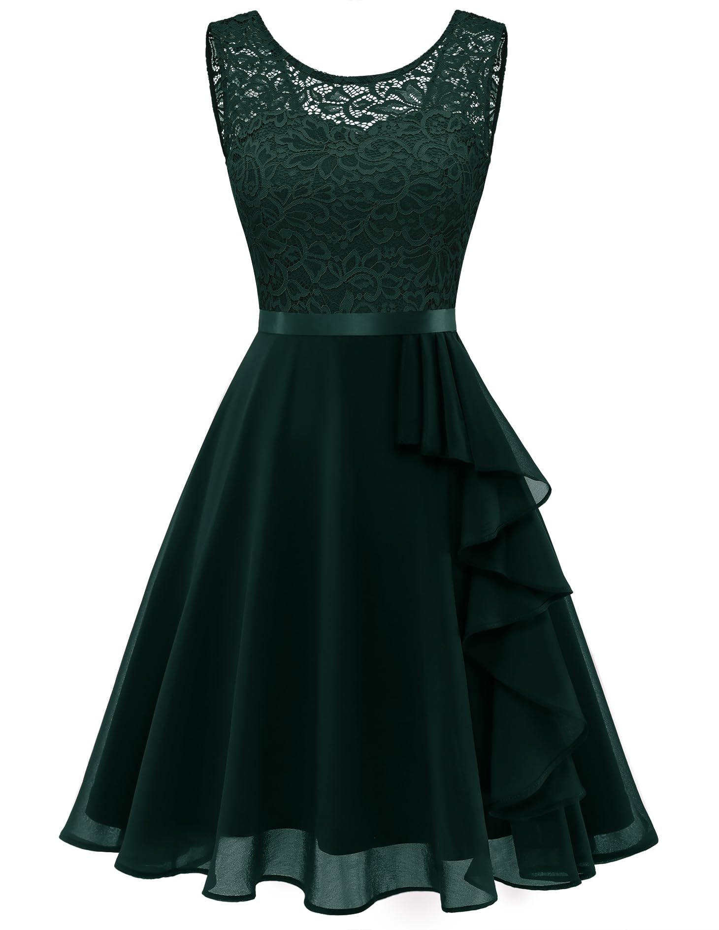 Photo 1 of BeryLove Homecoming Dresses for Teens Cocktail Prom Wedding Guest Short Bridesmaid Gowns Formal Ruffle Hem Sleeveless Lace Dress 7052 DarkGreen M