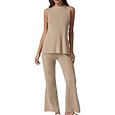QINSEN Lounge Sets for Women Two Piece Outfits Knit Sleeveless Vented Hemline Tops Wide Leg Pants Sweater Sets