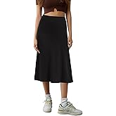 Urban CoCo Women's Elastic High Waist A-Line Flared Midi Skirt Solid Ribbed Knit Skirts