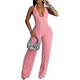 YBSKG Summer Halter Backless Jumpsuits for Women Sexy See Through V Neck Tie Pleated One Piece Wide Leg Long Pants Romper
