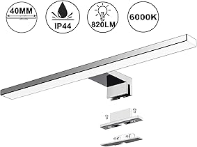 Lámpara LED de Espejo 10W 820LM 40mm Lámpara de Baño Azhien, Blanco Frio 6000K Lámpara LED de Pared IP44 230V Luz de Espejo de Baño de Acero Inoxidable 40cm [Clase de eficiencia energética A+]