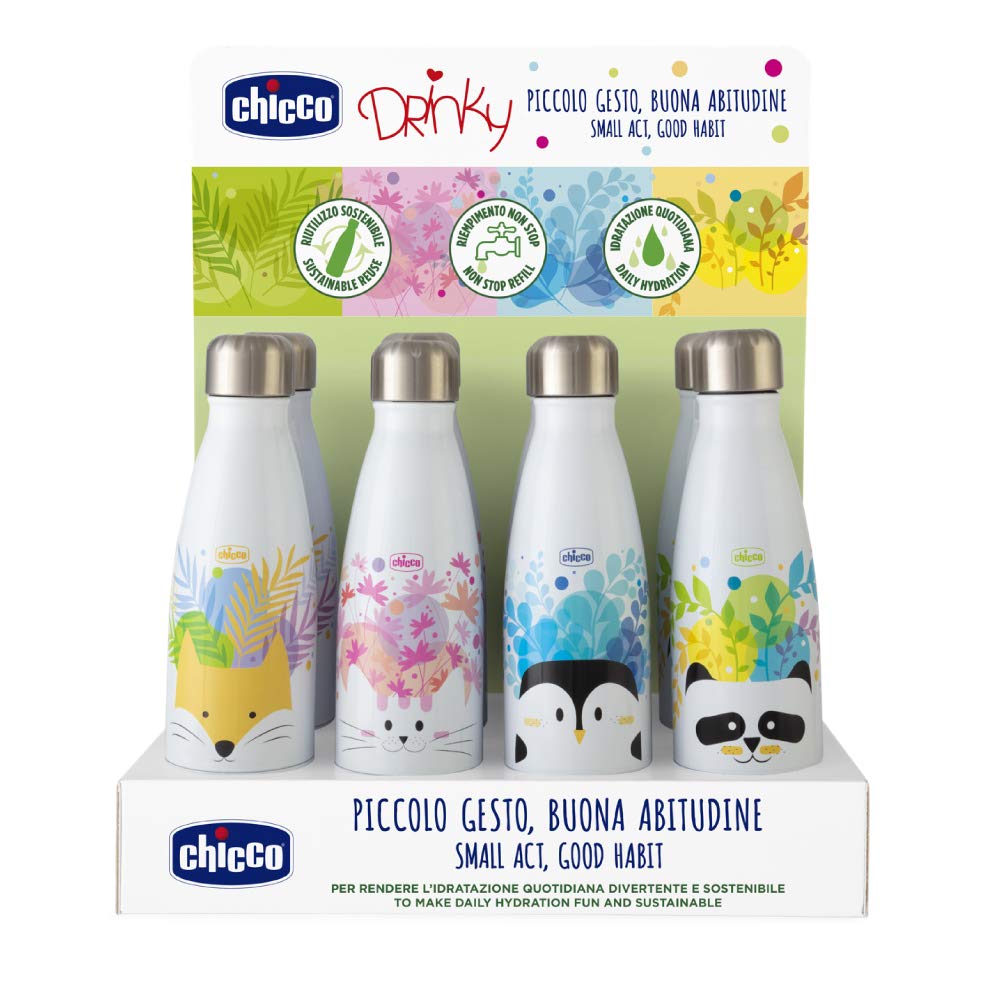 Chicco Drinky Children's Thermos Bottle, Reusable Stainless Steel Bottle, Durable, Maintains Temperature Up To 6 Hours, Assorted Colours - 1 Pack of 350 ml