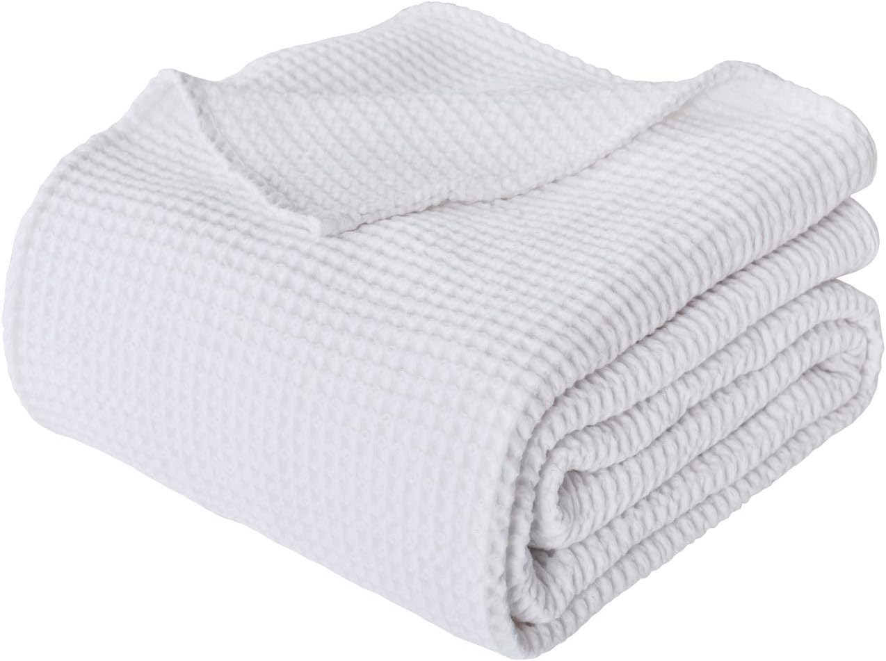 PHF 100% Cotton Waffle Weave Thermal Blanket for Home Decorations - Soft Comfortable Breathable and Moisture Absorption for All Season - Perfect for Couch Bed Sofa King Size 108" x 90" White