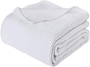 PHF 100% Cotton Waffle Weave Thermal Blanket for Home Decorations - Soft Comfortable Breathable and Moisture Absorption for All Season - Perfect for Couch Bed Sofa King Size 108" x 90" White