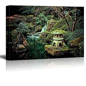 Little Shrine Sitting on a Rock on a Lake with a Waterfall - Canvas Art Home Art - 12x18 inches