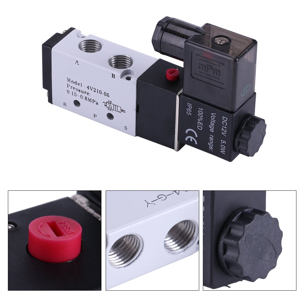 Elettrovalvola Pneumatica 5/2 Vie DC 12V | G1/4 Uscita E G1/8 Scarico | Pressione 0-0,8 MPa | Compatta