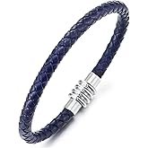 COOLSTEELANDBEYOND Mens Womens Braided Blue Leather Bangle Bracelet with Magnetic Clasp