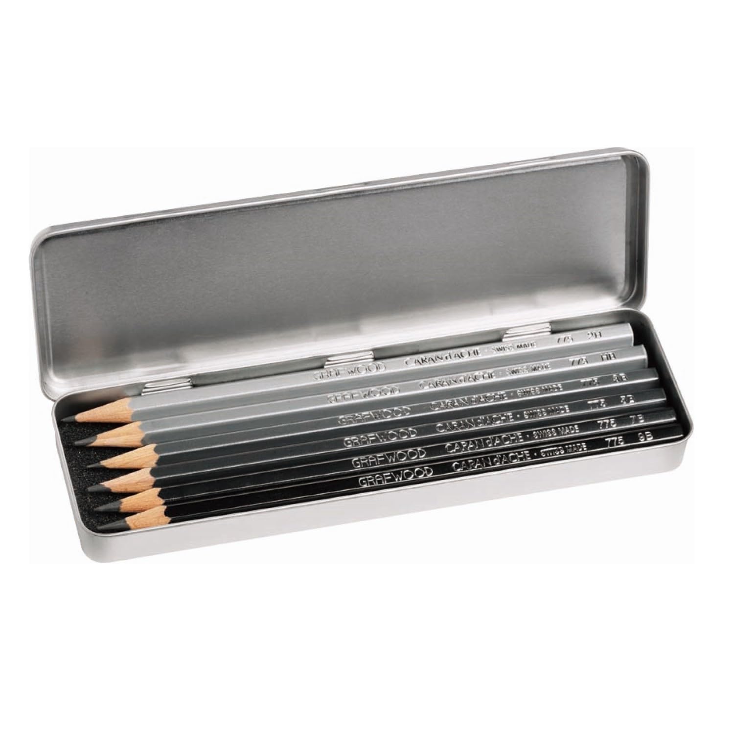 Caran d'Ache Graphite Line metal box with 1 each 9B, 7B, 5B, 3B, HB, and 2H, gray, 775.306