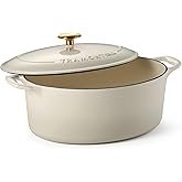 Tramontina Bestow Enameled Cast Iron Oval Dutch Oven Pot with Lid, Large 7-quart, Latte (Gold Knob)