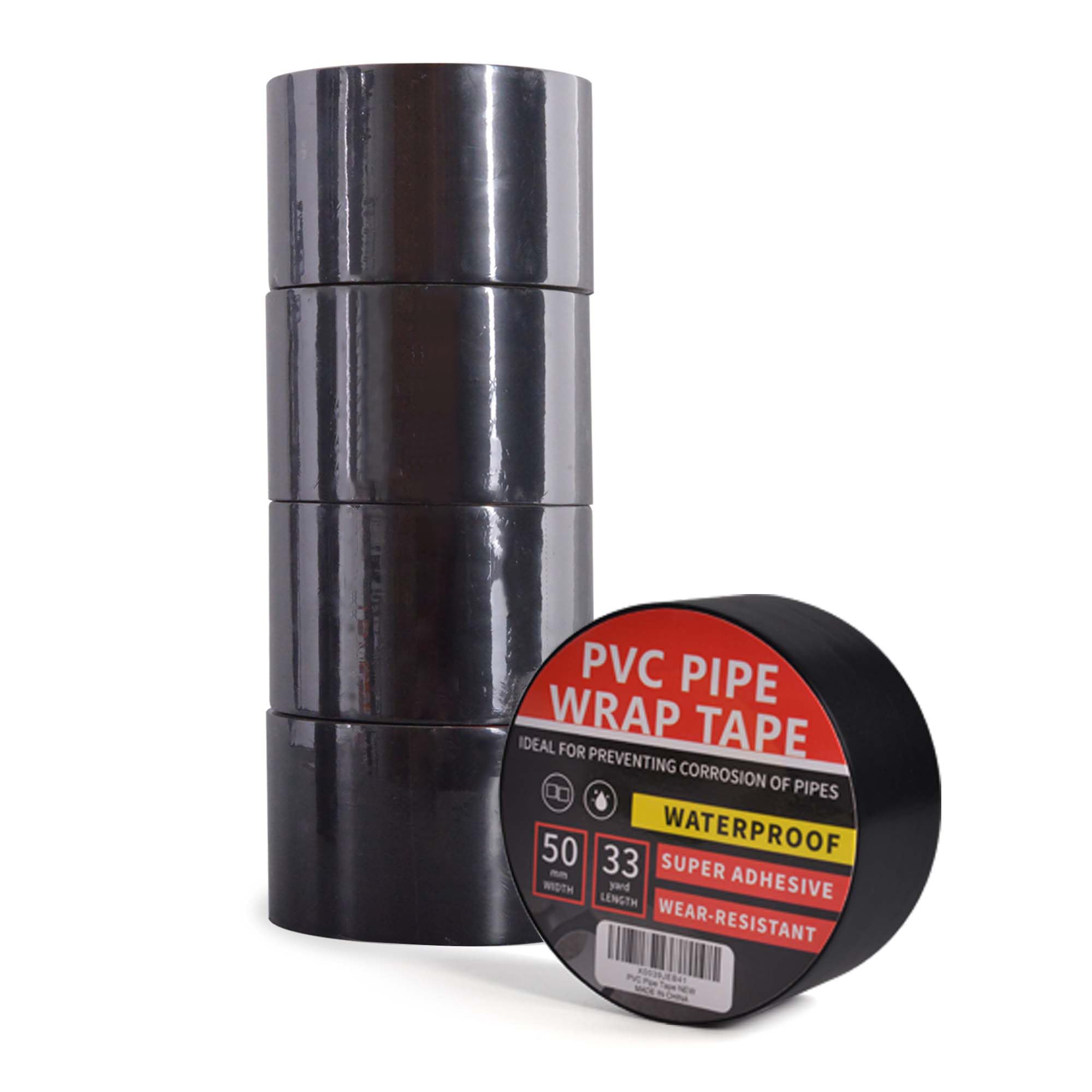 TAPEBEAR Black PVC Corrosion Protection Pipe Tape 5 Rolls, Weatherproof Wrap duct Tape for Drain Pipe, Metal & Electrical Piping, Anti-Corrosion Leak Proof Repair Pipe, 2Inch x 33Yds(50mm x 30m)