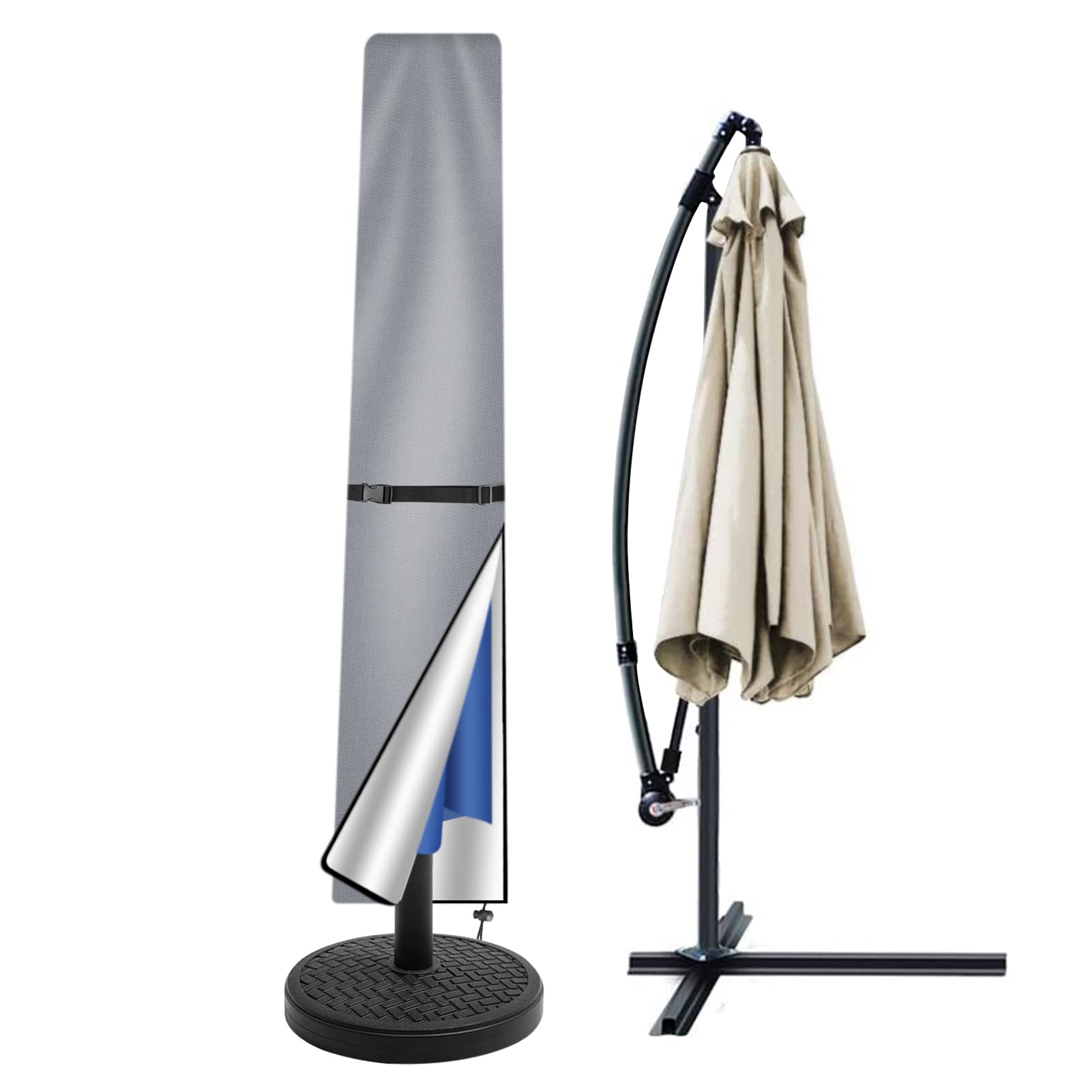 Teynewer Parasol Cover Waterproof, Straight Parasol Protective Covers with Telescopic Pole and Zipper Fit for 1.8 to 2.7 m Large Umbrella Patio Parasol Weatherproof UV-Anti Windproof, Grey