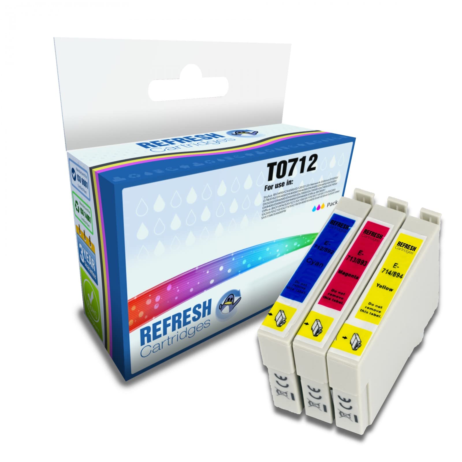 Refresh Cartridges Remanufactured Ink Cartridge Replacements for Set of 3 Colours Epson T0712 T0713 T0714