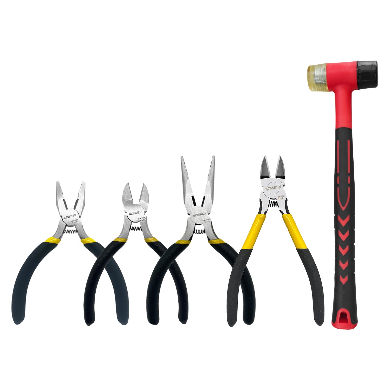 BOOSDEN 4 Piece Pliers Set with 25mm Rubber Mallet, 5" Wire Cutter, 5" Long Nose Pliers, 5" Diagonal Cutter — image 1