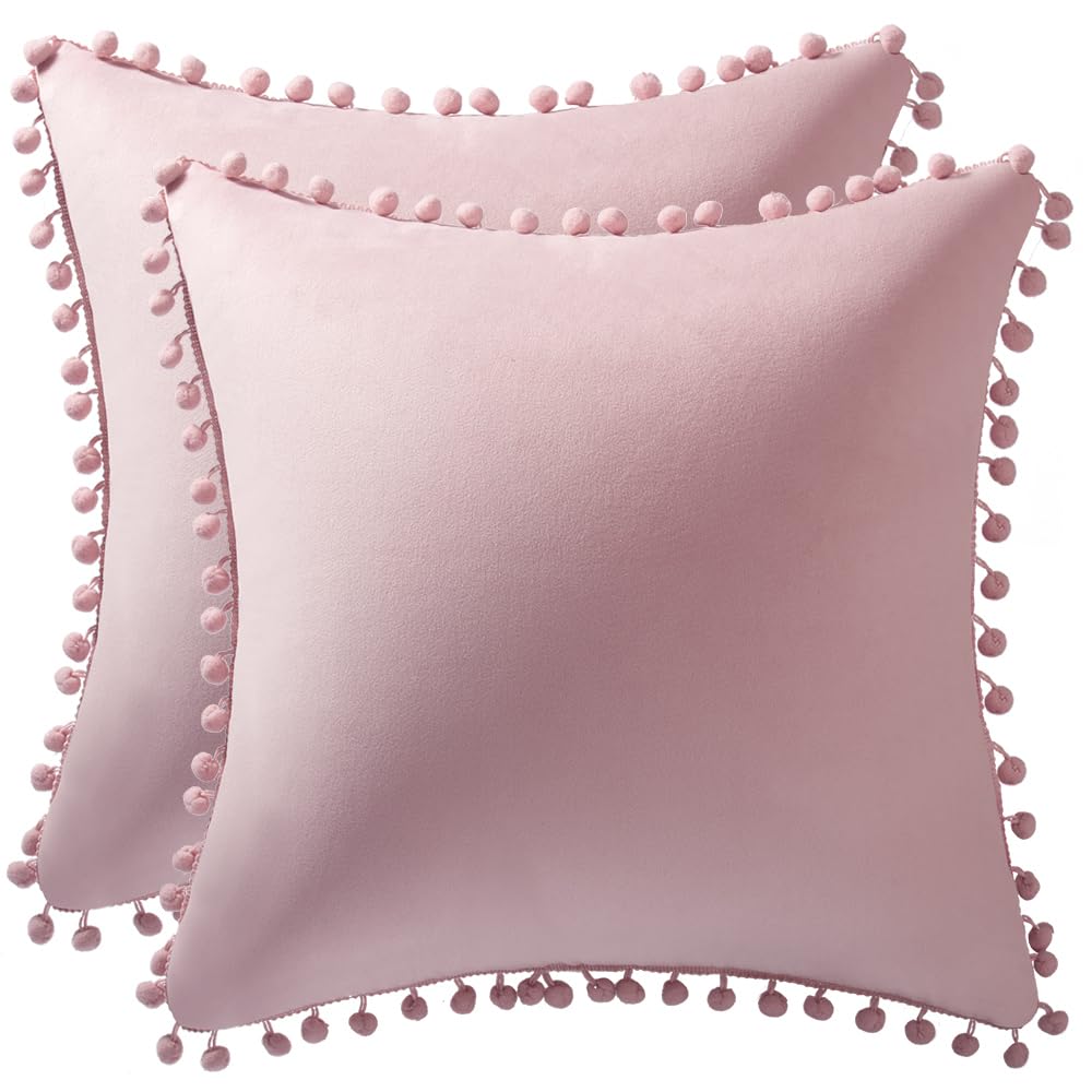 Photo 1 of DEZENE 24x24 Throw Pillow Covers Pink: 2 Pack Cozy Soft Pom-poms Velvet Square Decorative Pillow Cases for Farmhouse Home Decor