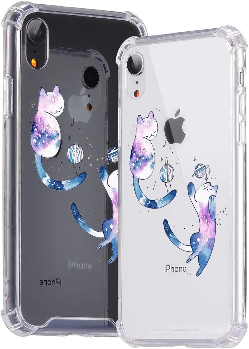 idocolors Clear Phone Case for iPhone XR Shockproof Hard Plastic Back + TPU Soft Bumper with Air Cushion Protective Cute Cat Cover Slim Kawaii Cartoon Animal Phonecase