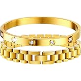 Stacked Bracelets for Women, Adjustable Watch Band Wristband and CZ Bangle Bracelet Stack, Thick Link Stainless Steel Non Tarnish Bracelets Fashion Jewelry Gifts