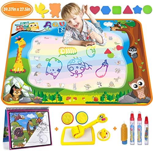 MerryXGift Water Doodle Aqua Mat, Large 100 x 70cm Rainbow Drawing Mat 6 Colors Writing Pad with Aqua Water Book, 4 Magic Pen & Stamp - Best Learning Toy for Toddlers Age 2 3 4 5 6 7+ Years Old
