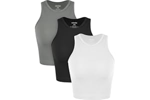 ODODOS 3-Pack Seamless Crop Tank for Women Ribbed Soft High Neck Cropped Tops