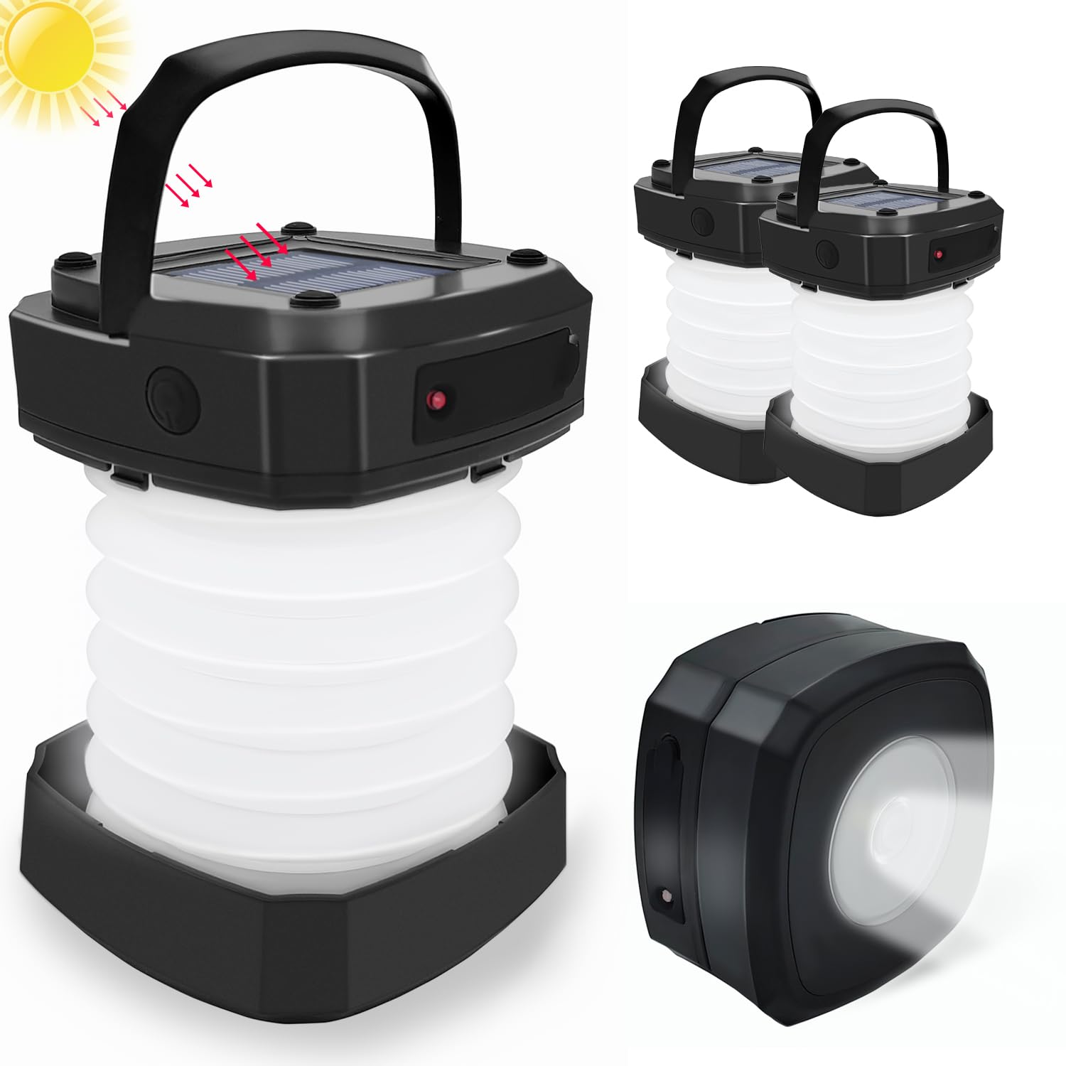 Photo 1 of PEKPAK Solar Powered Lantern Flashlight,2-Pack Collapsible LED Camping Lantern,Portable USB Rechargeable Lamp for Power Outages,Emergencies,Hurricanes,Tent Lighting,Hiking,Backpacking Gear(Black)