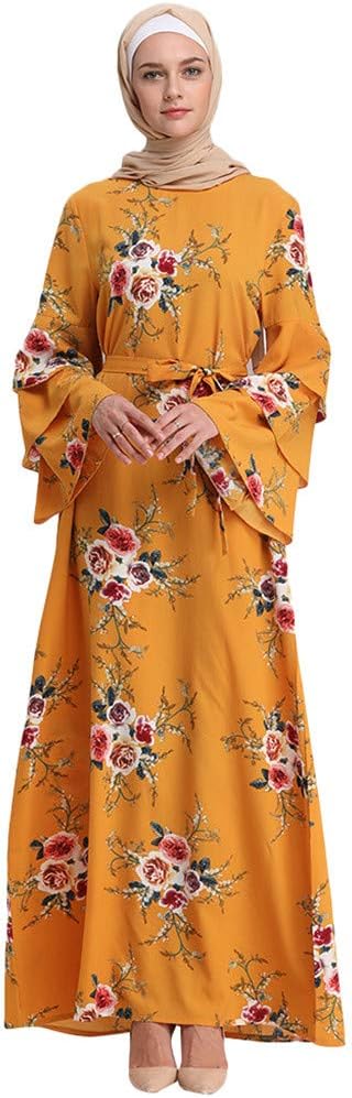 Assalamu Alaykum Muslim Summer Print Trumpet Sleeve Embroidery Elegant Swing Dress Women Muslim Islamic Middle East Solid Long Sleeve Abaya