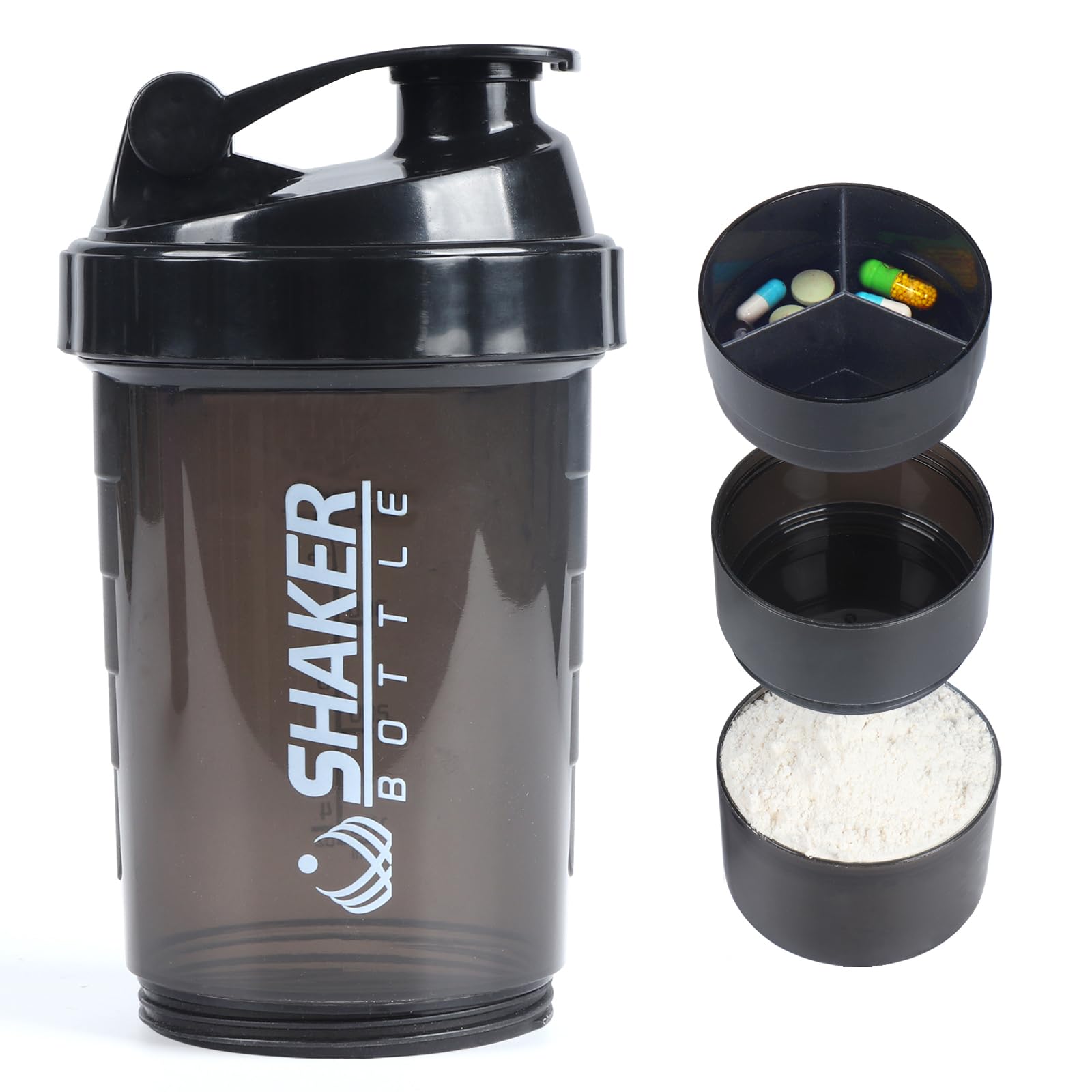 VIGIND Protein Shaker Bottle,Leak Proof Sports Water Bottle for Protein Mixer- Non Slip 3 Layer,16 oz Shake Cup with Pill Tray Storage (Black)