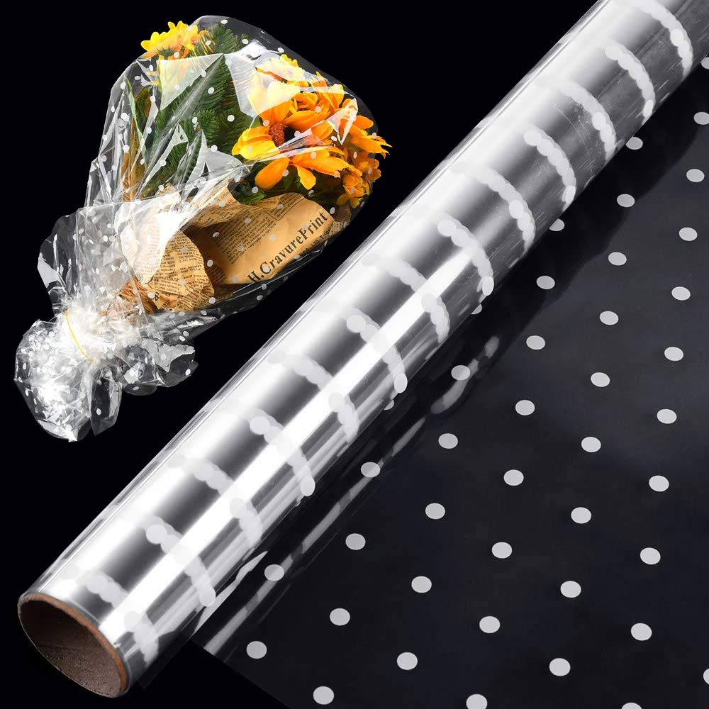 White Dot Cellophane Wrap, XCOZU 6m*40cm Cellophane Roll, Florist Cellophane Rolls Clear Wrapping Paper for Hamper Christmas Gifts Wedding Birthday Party Fruit Flower Bouquet Craft Basket