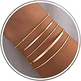 Thin Dainty Gold Bracelet for Women Stack, 14K Gold Plated Bracelet Stackable Set with Bangle Cuff, Box, Herringbone, Papercl