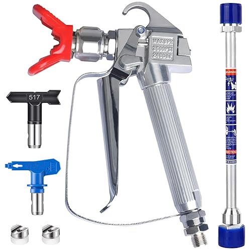 JWGJW Airless Paint Spray Gun 3600 PSI with 10 Inch Airless Extension Pole  and 517 519 Nozzle Tips Swivel 1/4